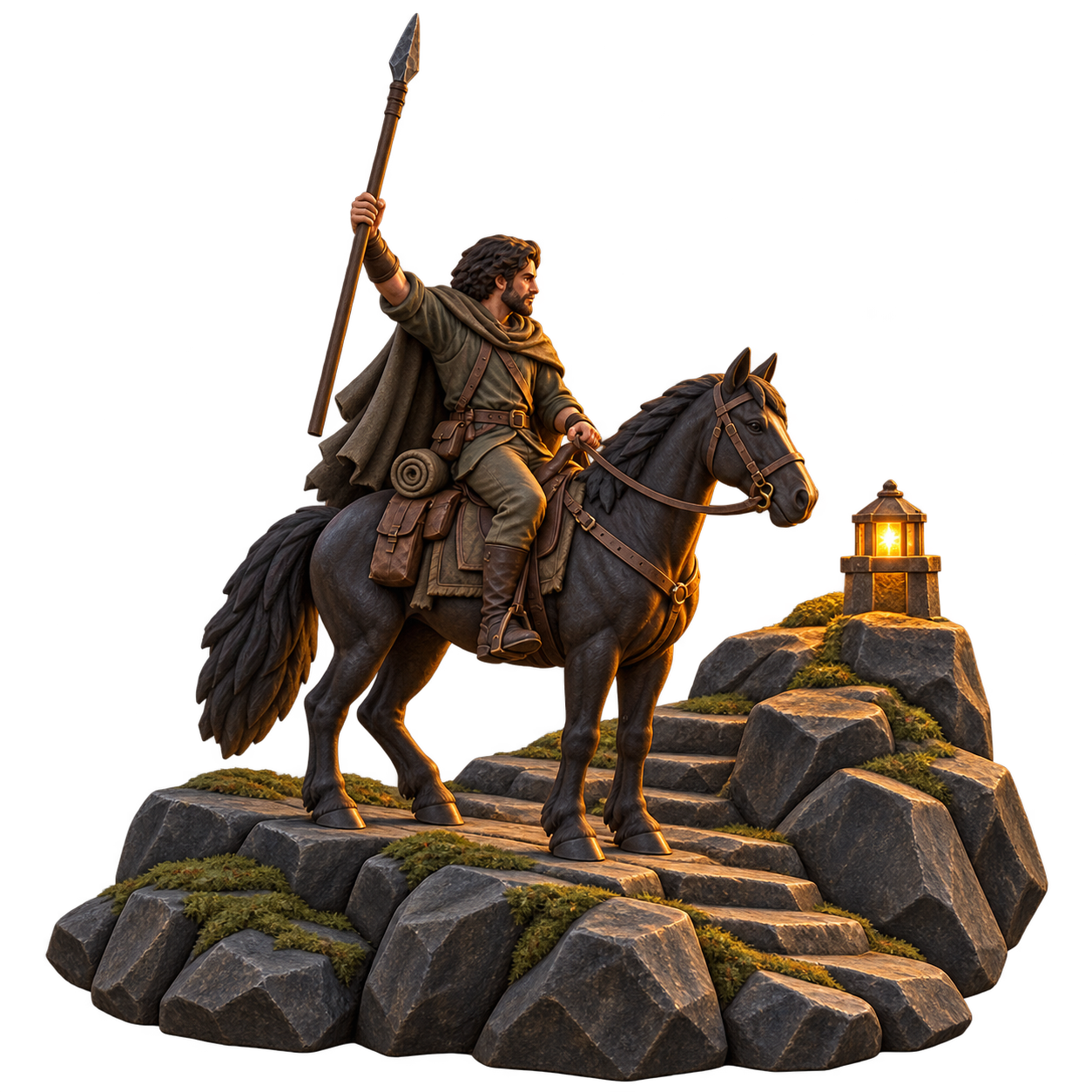 Sculpted toy rider with raised spear beside a lantern